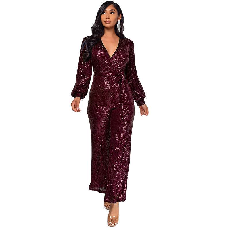 High Waist Wide Leg Sequined Belt Jumpsuit Wine Red