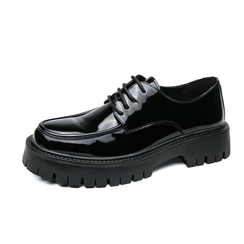 British Casual Lace Up Hair Stylist Platform Height Increasing Low Top Work Shoes Black Glossy