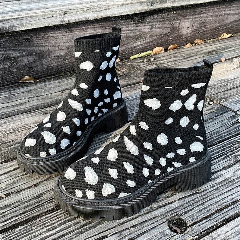 Women's Thick Heel Solid Color Casual And Comfortable Martin Boots Black And White