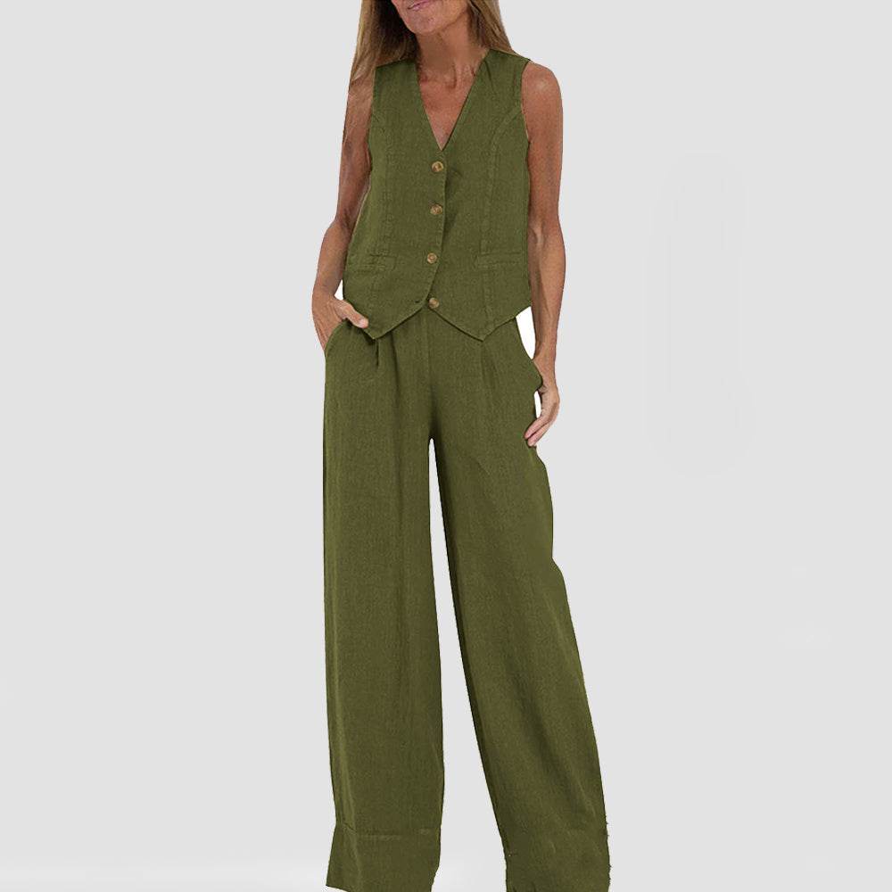 Summer Vest Suits V-neck Botton Sleeveless Top And Loose Straight Trousers Casual Womens Clothing Green