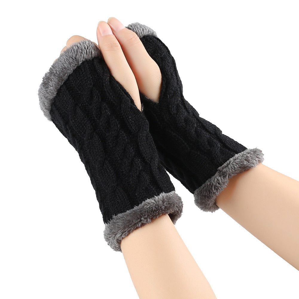 Winter Plush Gloves Twist Knitted Fingerless Fleece Gloves Women Warm Thickened Woolen Gloves Black One Size