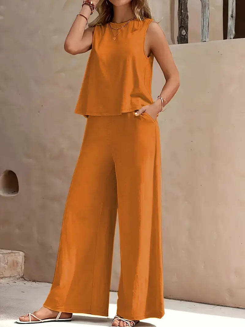 Solid Color Casual Loose Pants Sets For Women Elegant Spring Summer Women's Two Pieces Suit Full Trouser Set Female Outfit Clothes Orange