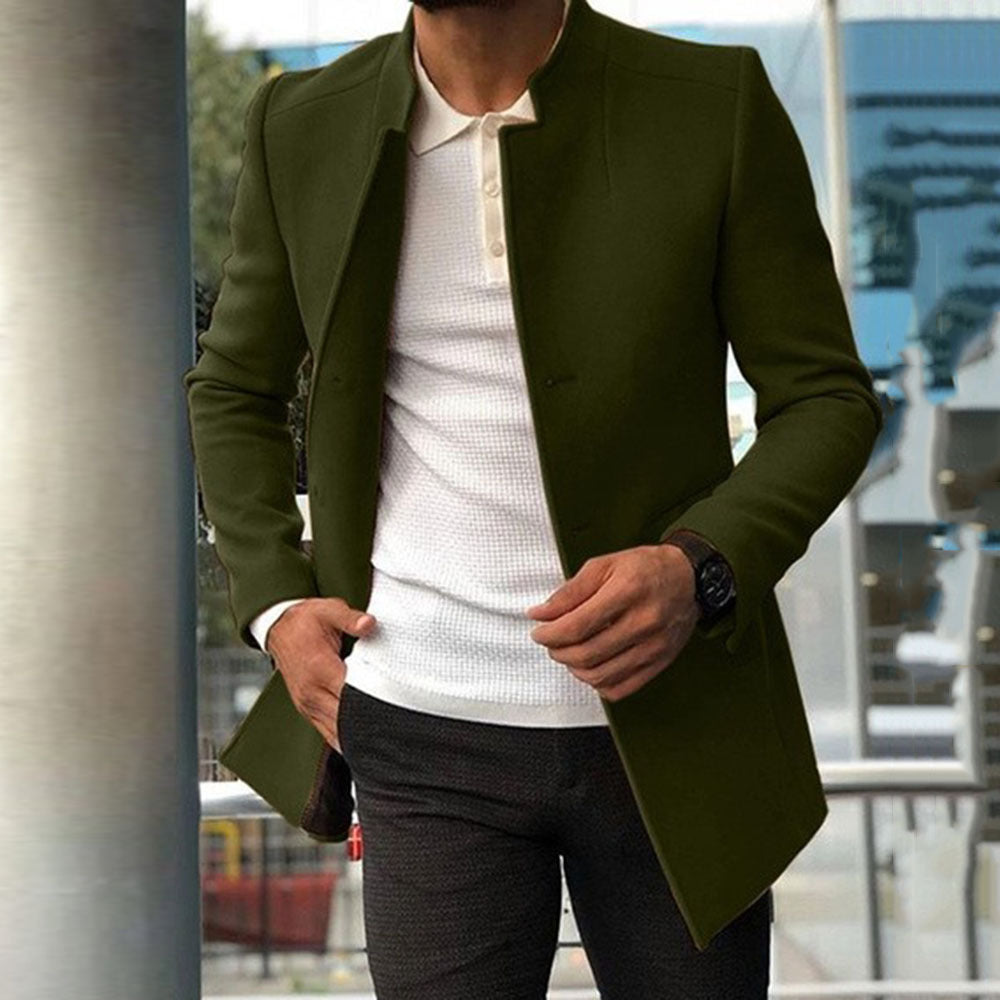 Men's Slim Coat Fashion Single-breasted Solid Color Business Jackets Fall And Winter Tops Outwear Clothing Army Green