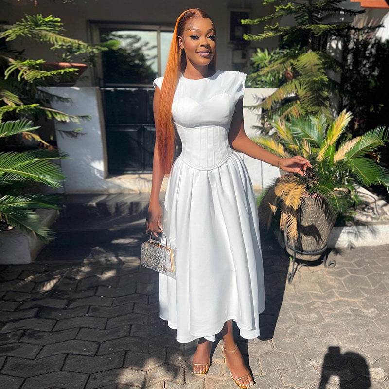 Round Neck Waist Cinched High Waist Fishbone A-line Skirt White