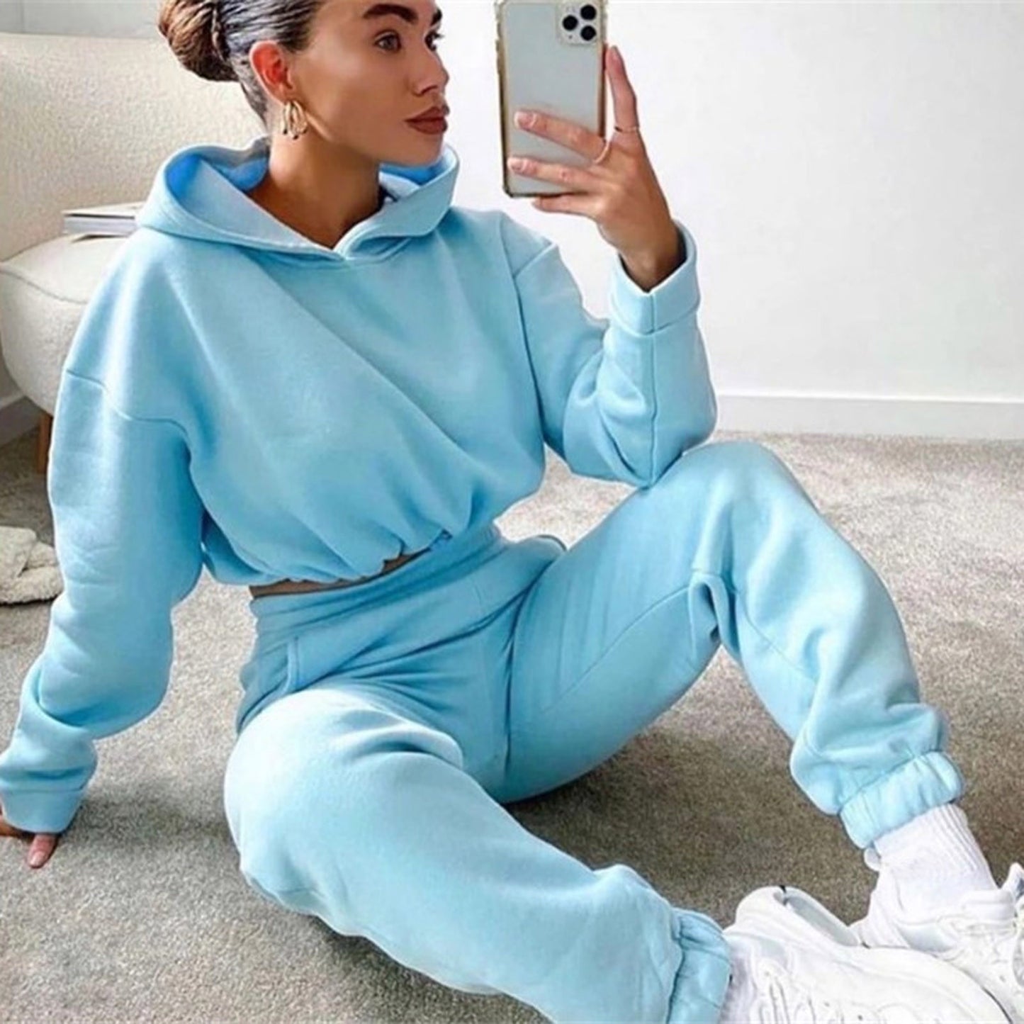 Jogging Suits For Women 2 Piece Sweatsuits Tracksuits Sexy Long Sleeve HoodieCasual Fitness Sportswear Blue