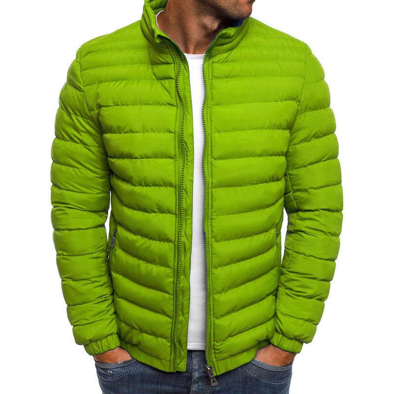 Men Jacket Zipper Solid Color Long Sleeves Pockets Coldproof Autumn Thicken Cotton Padded Overcoat For Outdoor Grass Green