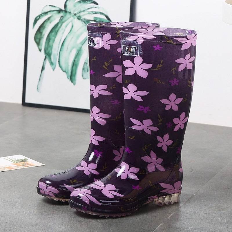 Women's Floral Knee-high Rain Boots Long Non-slip Wear-resistant Rain Boots Purple Flower
