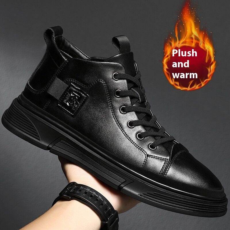 High-top Men's Shoes Winter Men's Leather Shoes Leather Casual AD6812 Black Plus Velvet