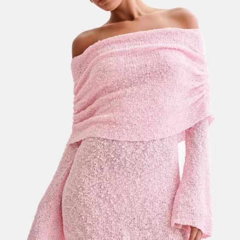 Women's Spring Summer Knitted Dress Elegant Party Boat Neck Dress Infant Off Shoulder Bodycon Long Sleeve Fuzzy Short Club Chic Mini Dress Pink