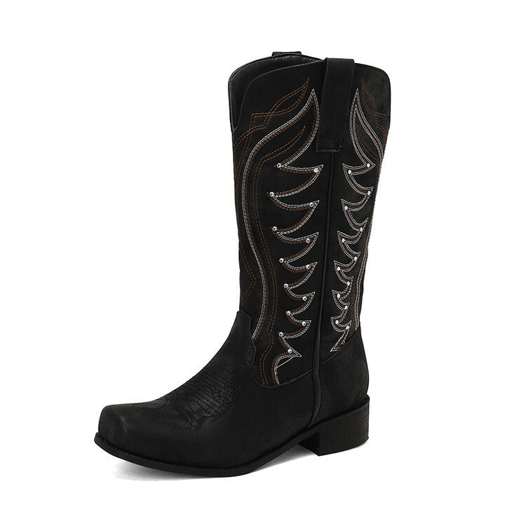 West Embroidered Denim Totem Square Toe Mid-heel High Leg Boot