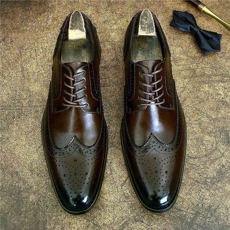 Genuine Leather Brogue Business Formal Wear Leather Shoes Dark Brown