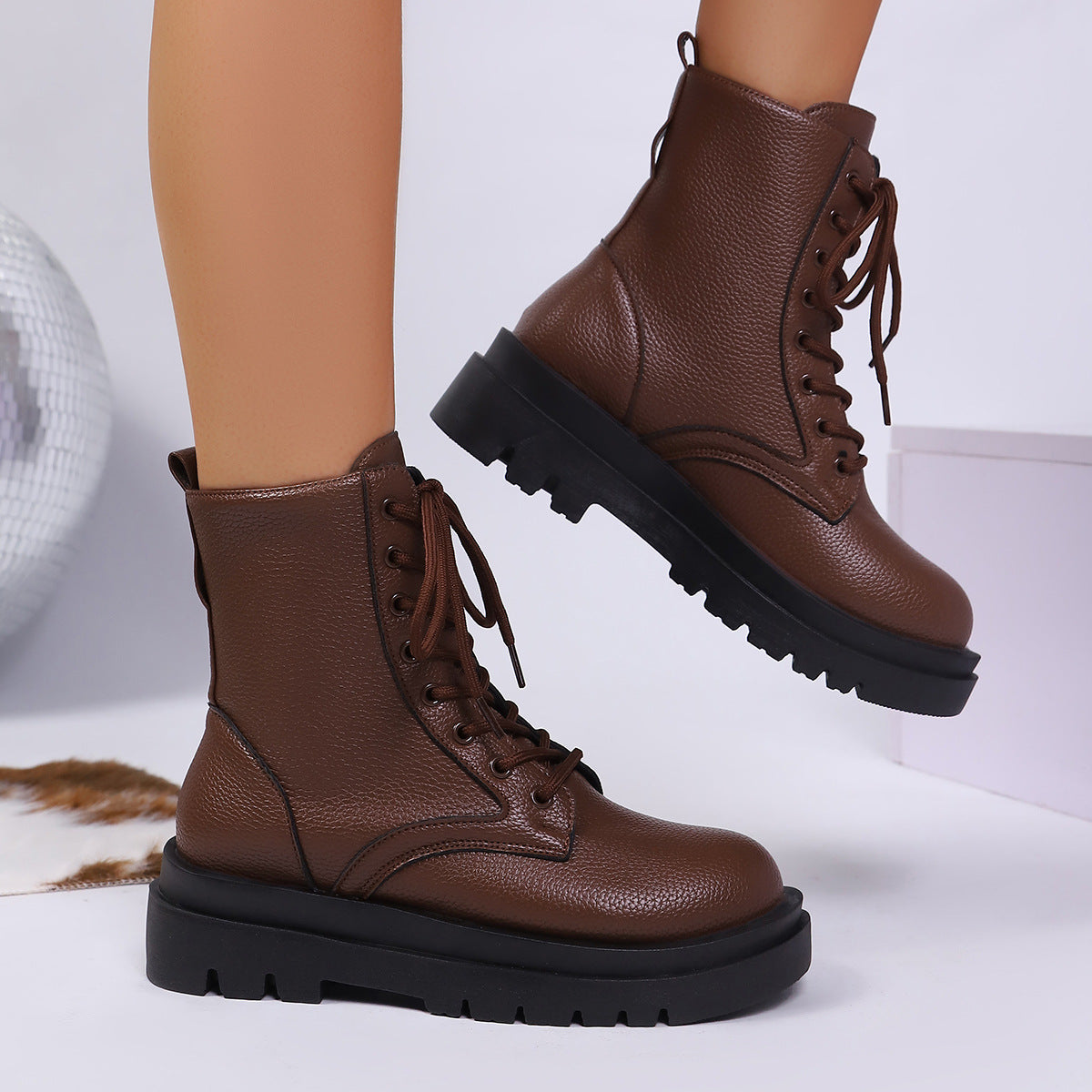 Women's Lace Up Round Toe Platform Leather Martin Boots Dark Brown