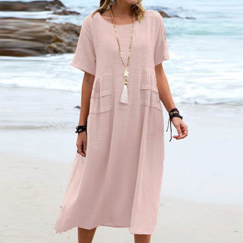 Women's Summer Loose Casual Midi Dress Breathable Cotton Linen Short-sleeve Mid-length Dresses Women Simple Beach Dress Pink