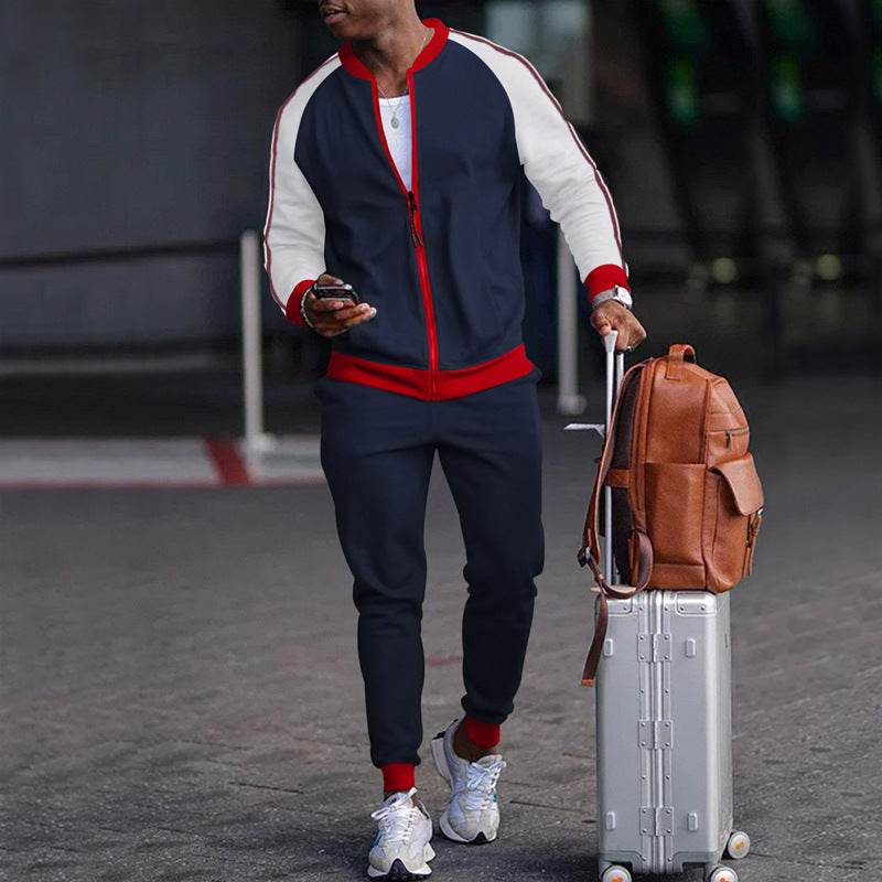 Sports Casual Sweater And Pants Zipper Set Navy Blue