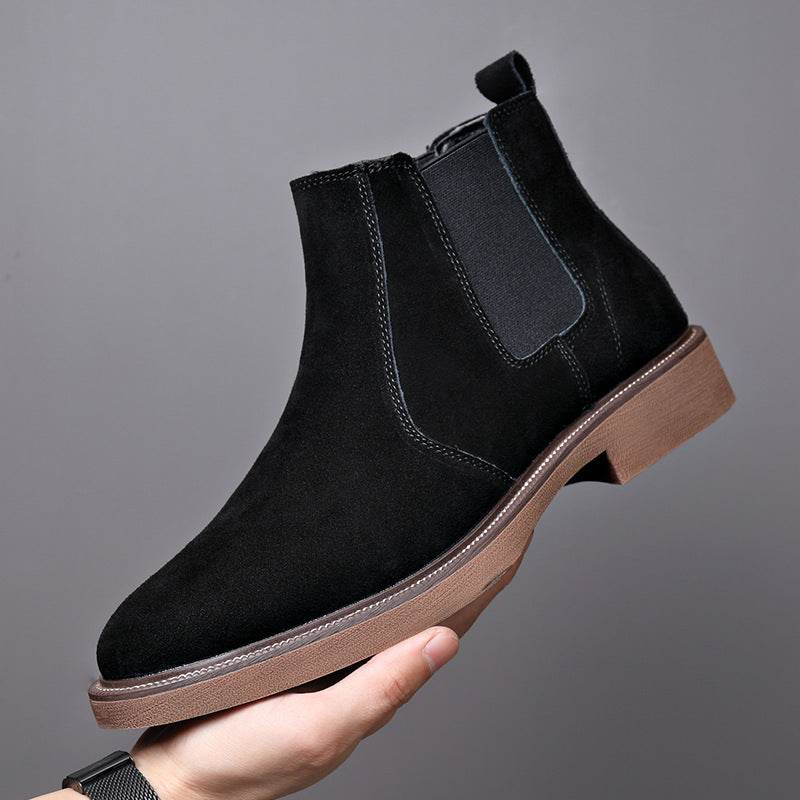 Men's Suede Leather Autumn And Winter New Fleece-lined Pointed Ankle Boots 1388 Four Seasons Black