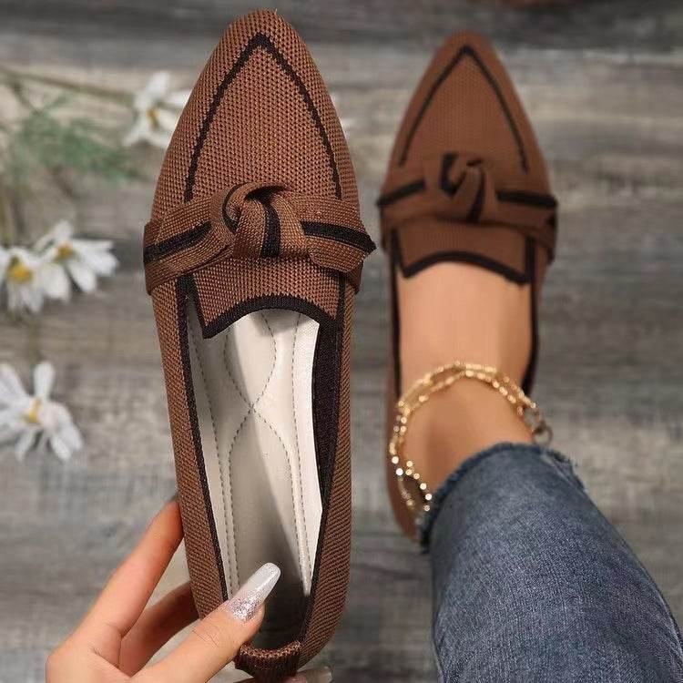 Fashion Pointed Toe Bow Flat Shoes For Women Lying Woven Slip-on Breathable Shoes Summer Coffee