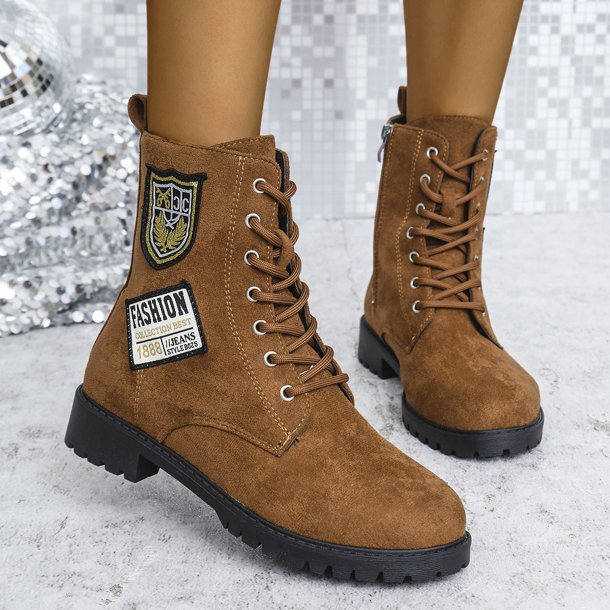 Fashion Lace-up Chunky Heels Boots Winter Round Toe Shoes For Women Brown