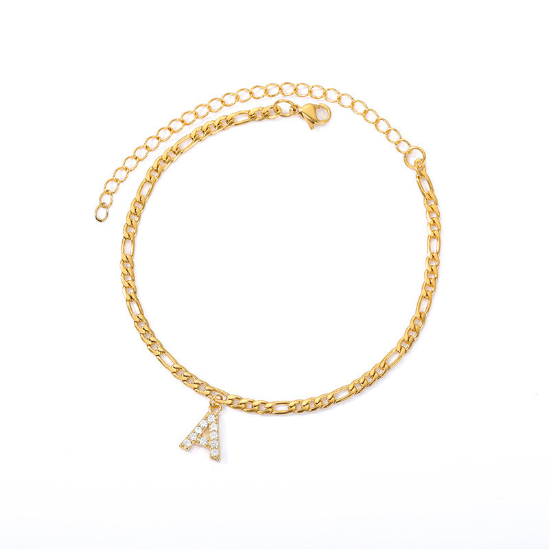 English Alphabet Stainless Steel Zircon All-match Anklet A
