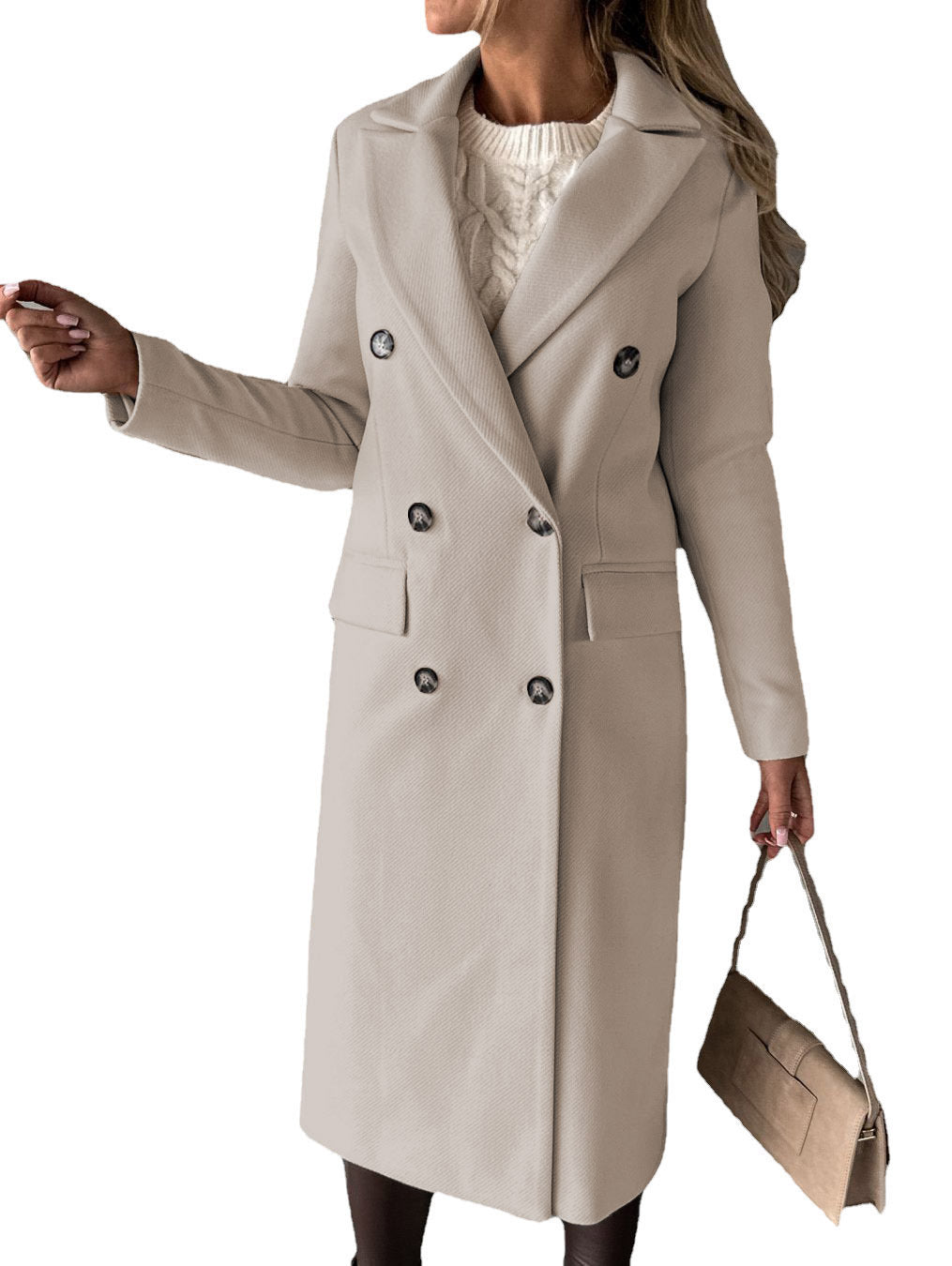 Long Sleeve Lapel Coat Winter Fashion Solid Double Breasted Slim Long Jacket Womens Clothing Beige