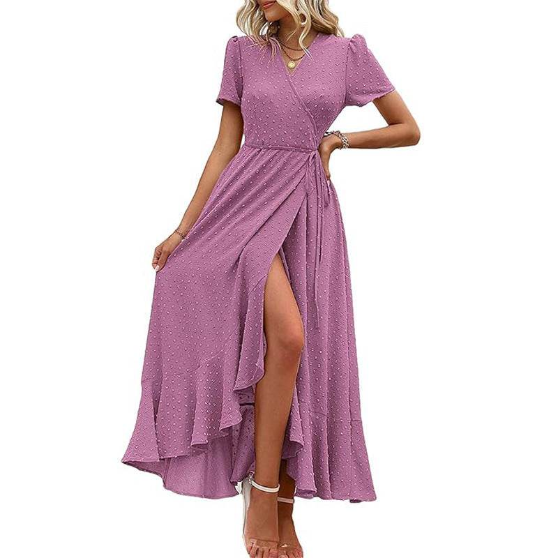 Short Sleeve Pleated Slit Hemline At Hem Beach Dress Purple