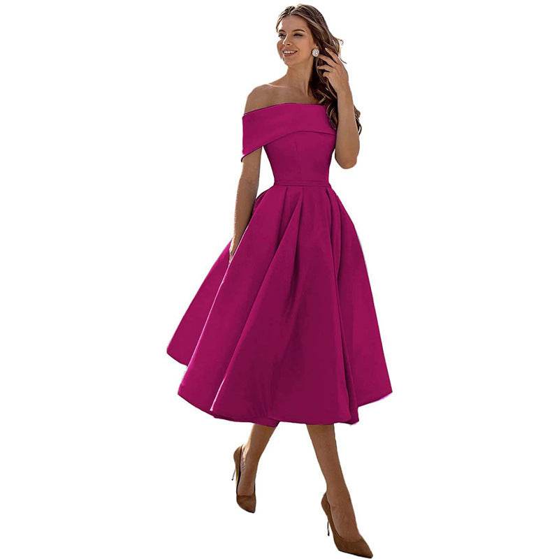 Women's Fashion Casual Strapless Satin Party Dress Off The Shoulder Tea Length Satin Prom Dresses With Pockts Formal Evening Party Dress Rose Red