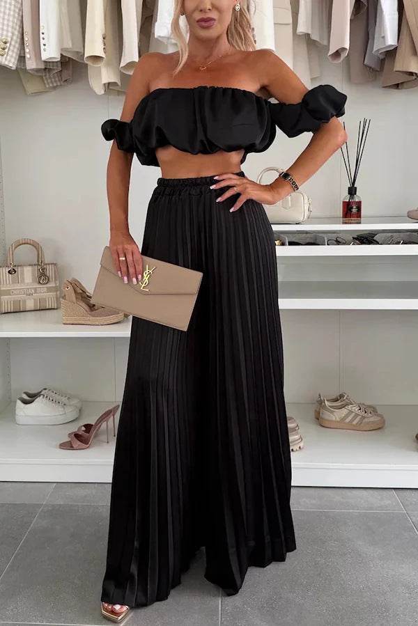 Women's Fashion Satin Tube Top Wide Leg Pants Suit Black