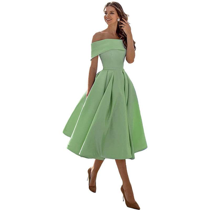 Women's Fashion Casual Strapless Satin Party Dress Off The Shoulder Tea Length Satin Prom Dresses With Pockts Formal Evening Party Dress Green