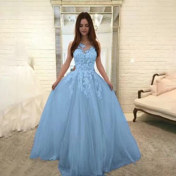 Women Wedding Dress Sleevless Flowers Lace Dress Blue