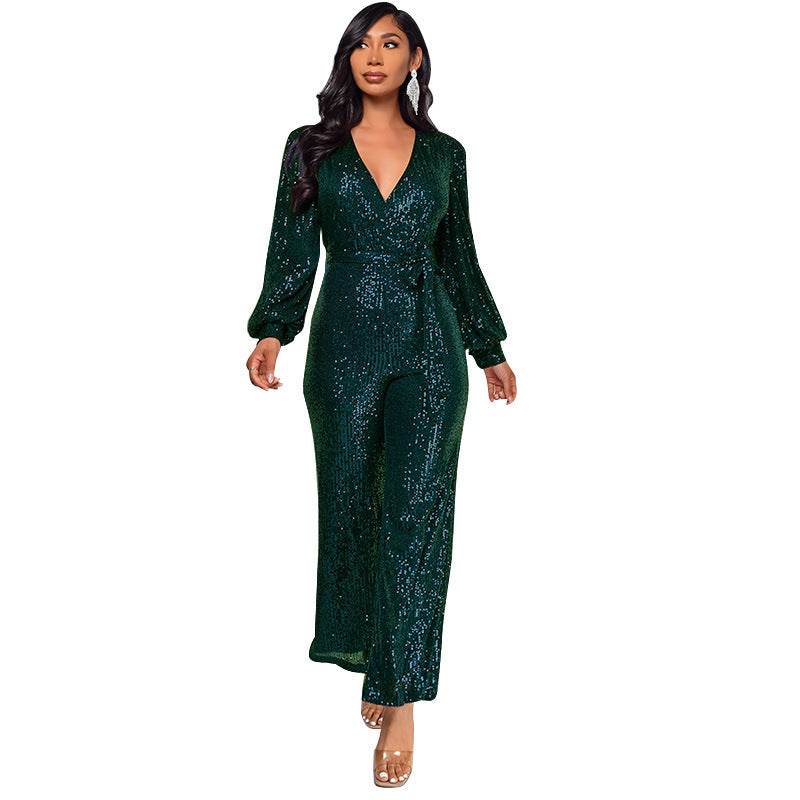 High Waist Wide Leg Sequined Belt Jumpsuit Dark Green