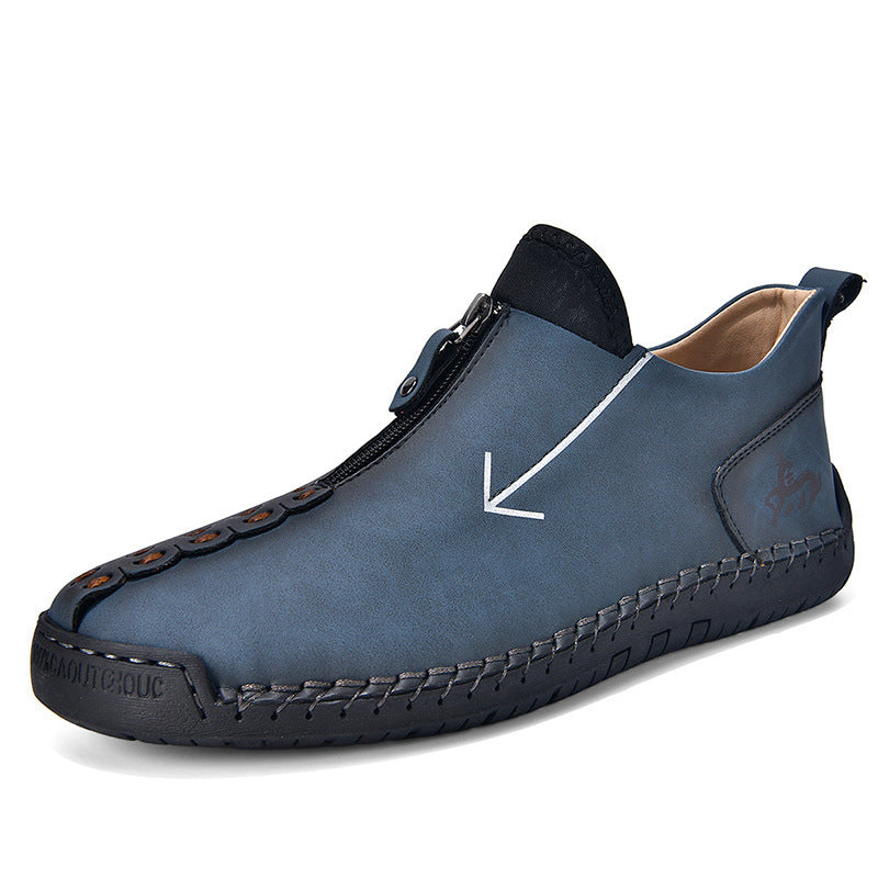Men's Zipper Leather Boots Foreign Trade Hand-stitched Martin Boots Blue