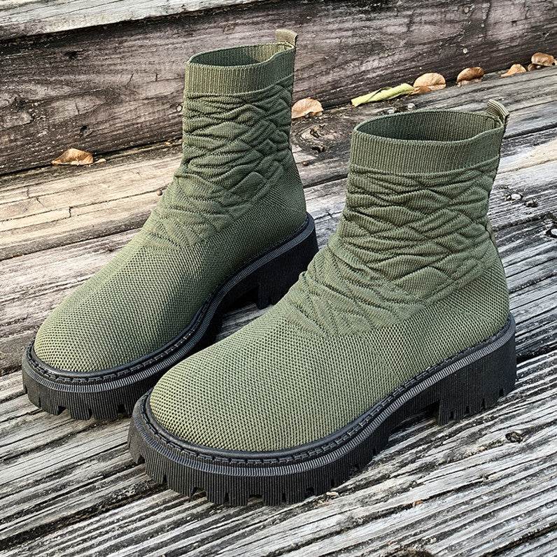Women's Thick Heel Solid Color Casual And Comfortable Martin Boots Army Green