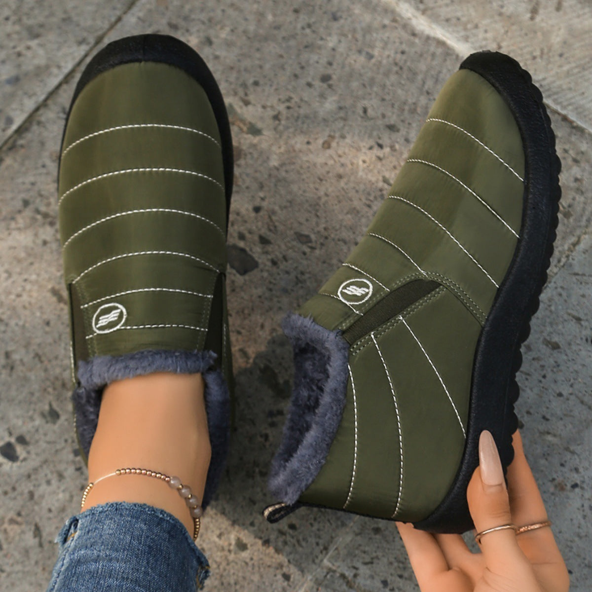 Plus Size Cotton Boots Fleece Lined Padded Warm Keeping Casual Shoes ST888 Army Green