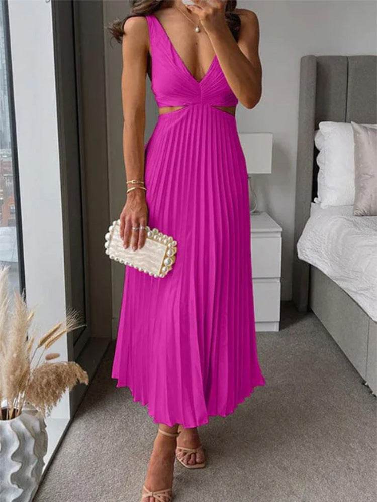 Ins Suspender Pleated Long Dress With Hollow-waisted Design Fashion V-neck Backless Dresses Summer Women's Clothing Purplish Red