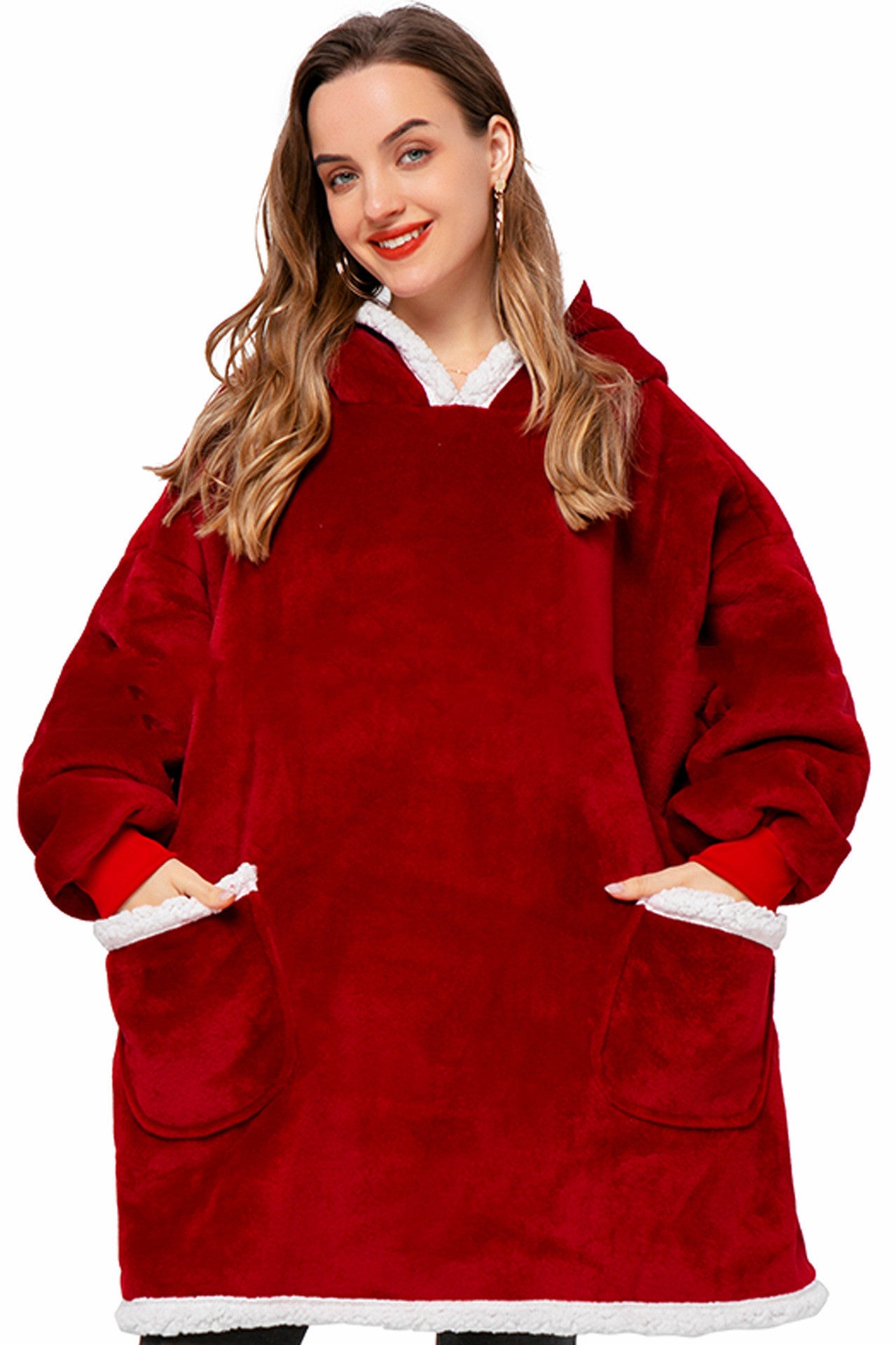 Winter TV Hoodie Blanket Winter Warm Home Clothes Women Men Oversized Pullover With Pockets Short wine red One Size