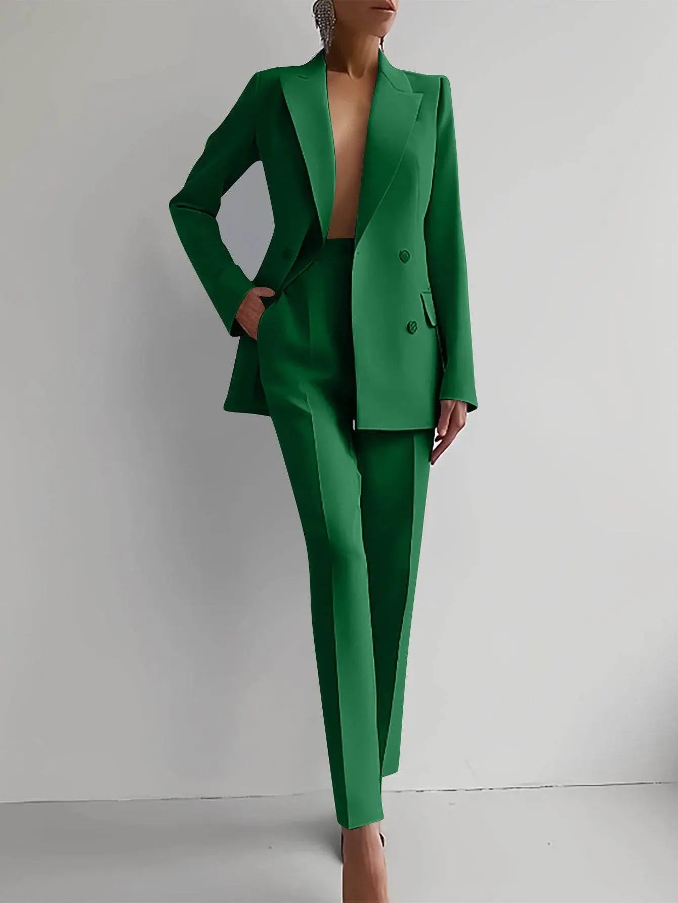 Casual Suits Fashion Long Sleeve Single-breasted Jacket Top And Slim Fit Trousers Women's Business Suits Green