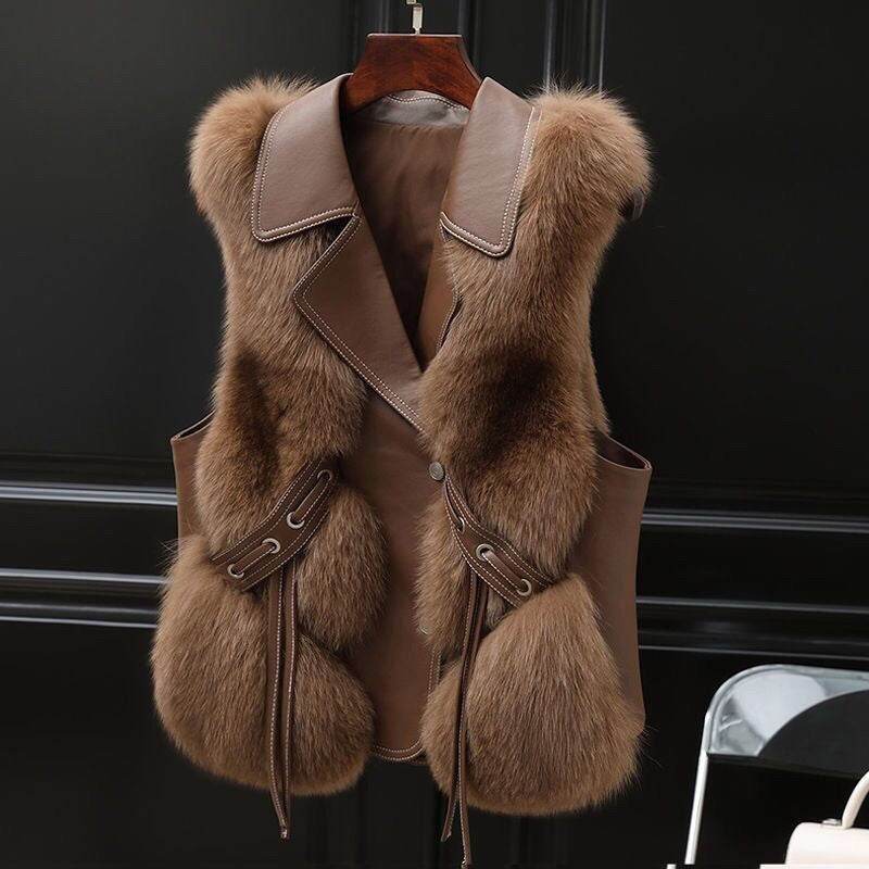 Fur Vest Short Coat Autumn And Winter New Patchwork Winter Fox Fur Jacket Women Short Artificial Fur Coat Elegant Female Warm Vest Camel