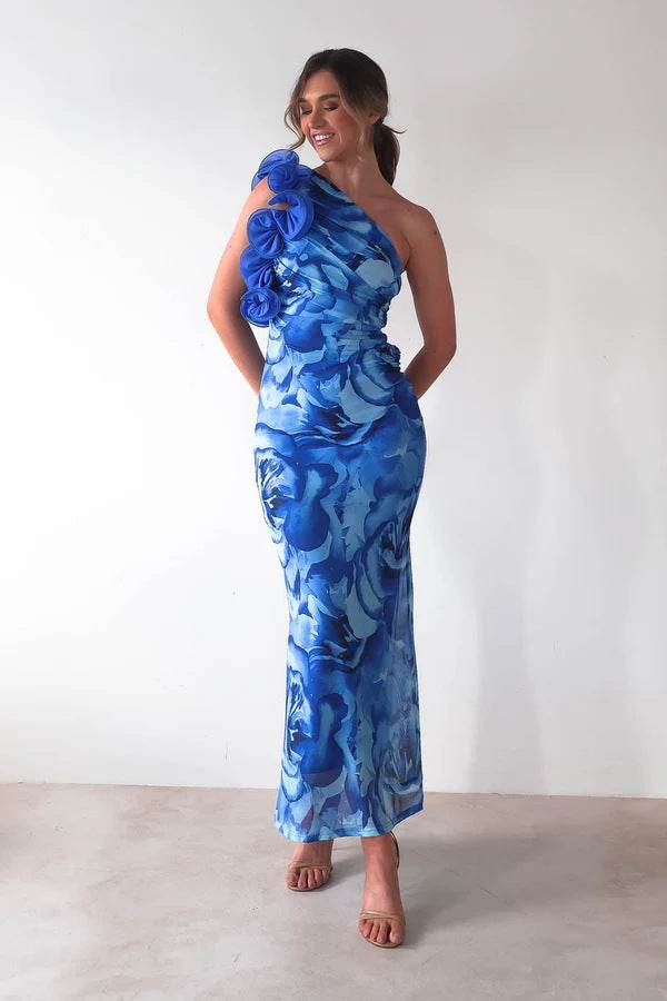 Women's Slim Sleeveless Three-dimensional Flower Dress Blue