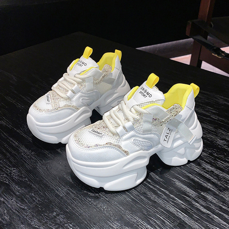 Genuine Leather 8cm Thick Bottom Women's Height Increasing Casual Sneaker Yellow