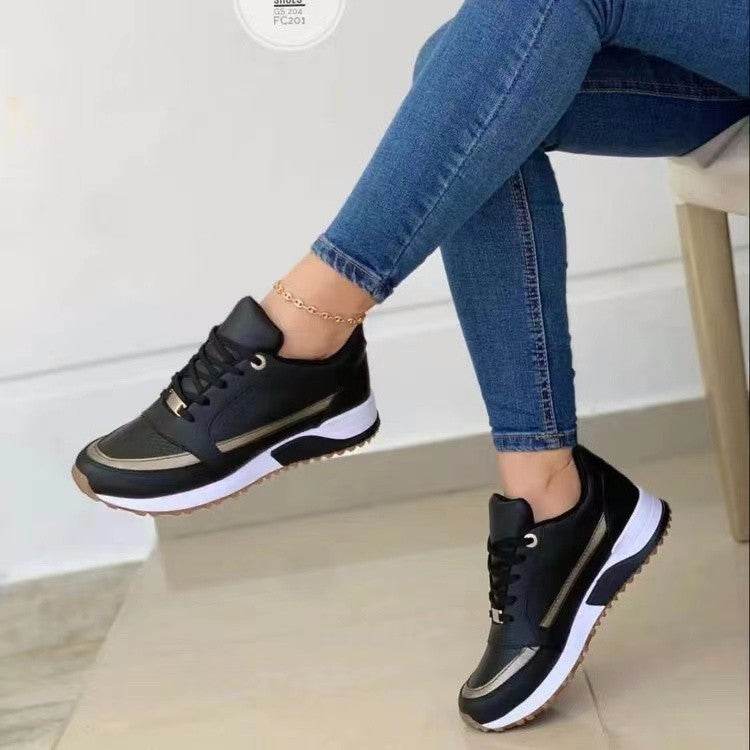 Casual Lace-up Flat Shoes Women Shallow Round Toe Sports Walking Sneakers Black