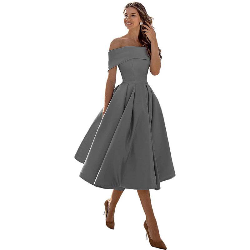 Women's Fashion Casual Strapless Satin Party Dress Off The Shoulder Tea Length Satin Prom Dresses With Pockts Formal Evening Party Dress Gray