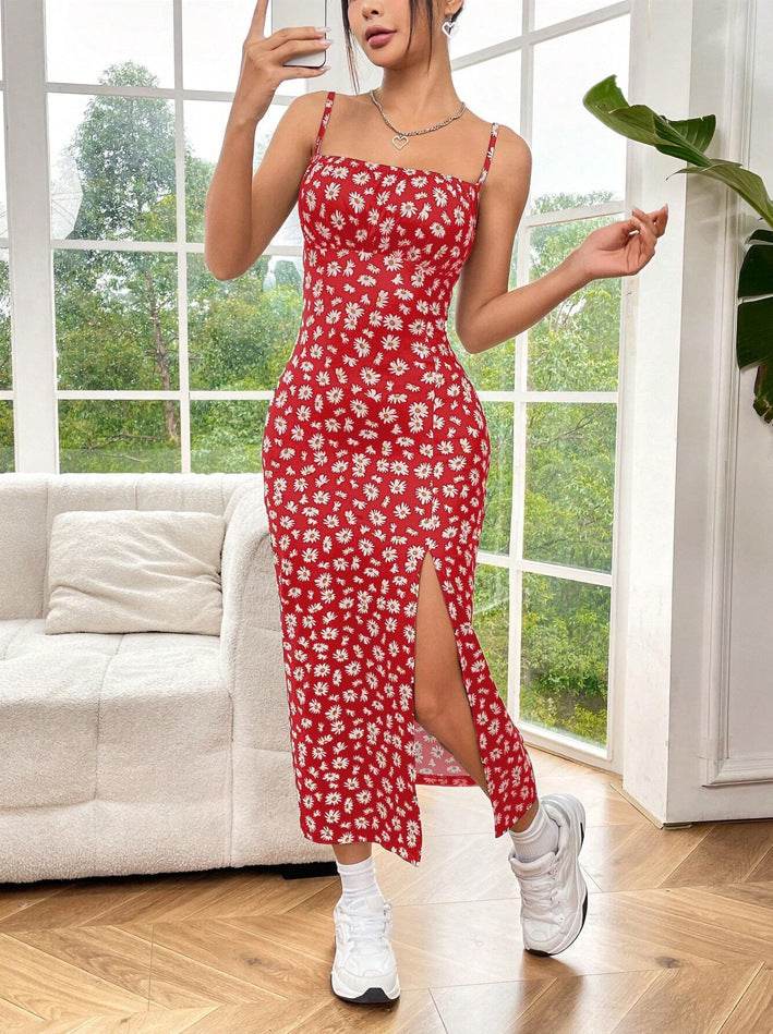 Leopard Print Sheath Long Dress Sunflower Red