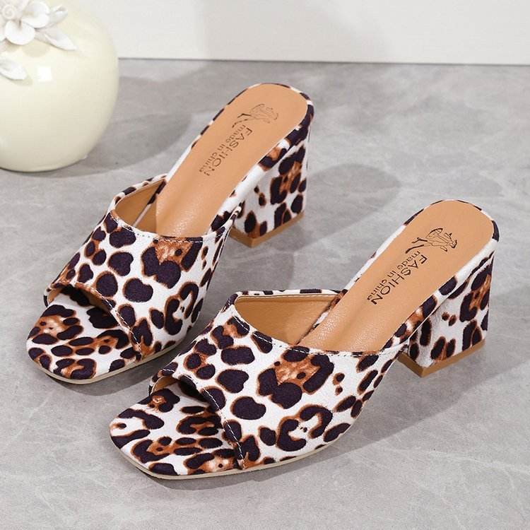 Leopard Square Toe Sandals Summer High-heeled Slippers Chunky Heel Shoes For Women White
