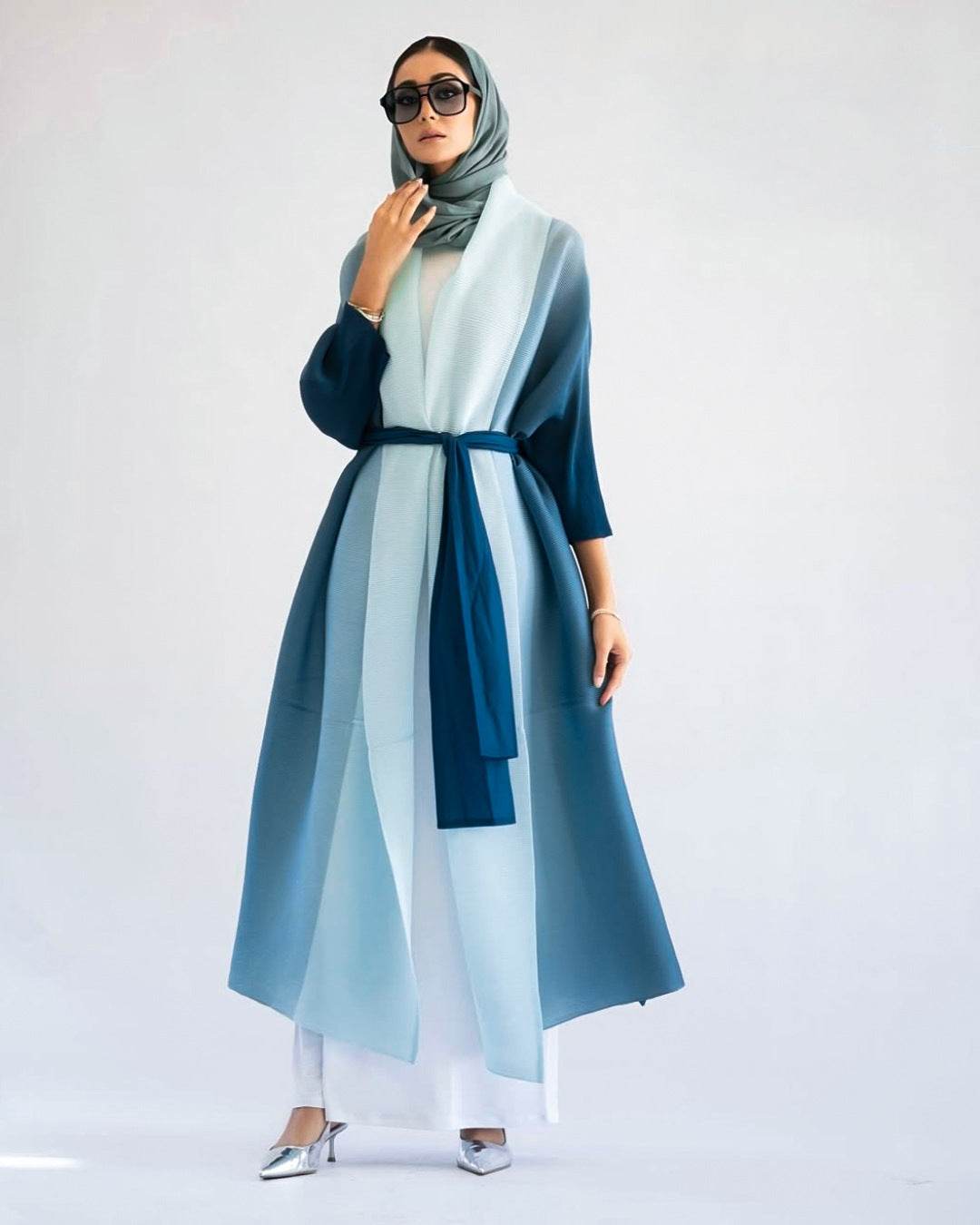 Fashionable Gradient Coat Long Skirt For Women Sky Blue Free Size