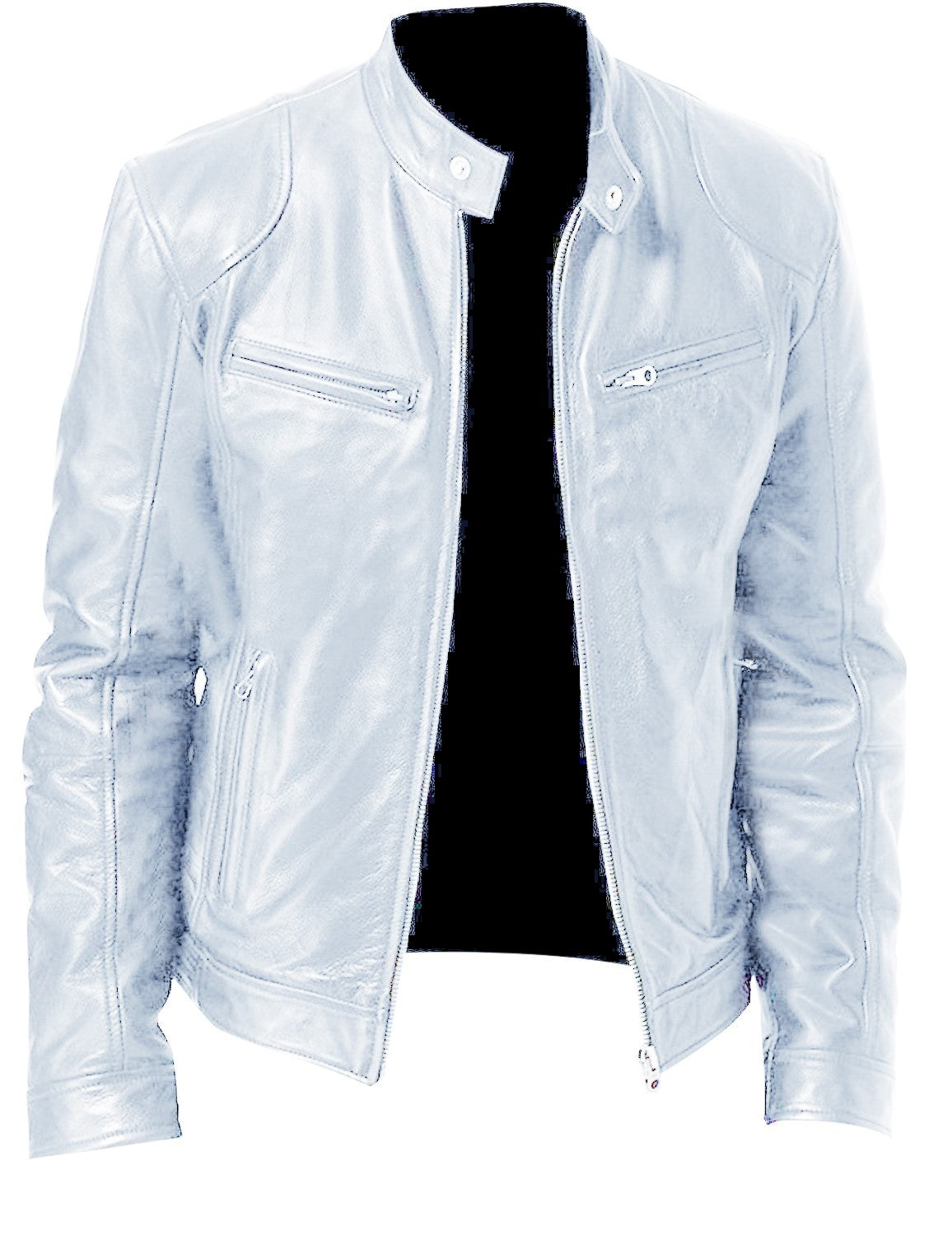 Gentleman's Warm Zipper Cardigan Pocket Decorated Pu Leather Coat White