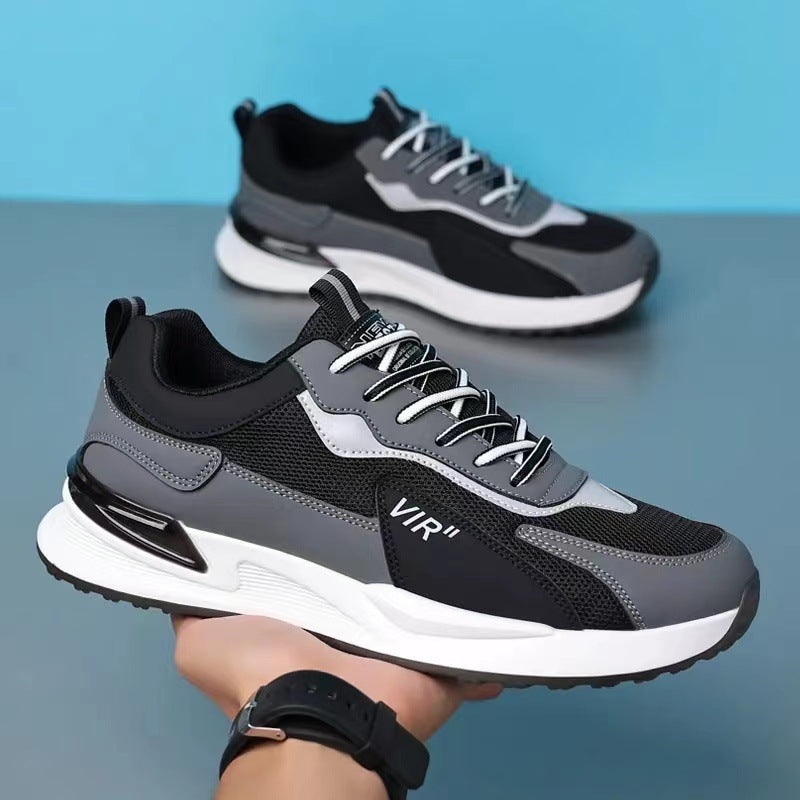 Men's Color Block Mesh Shoes Fashion Casual Lace-up Sneakers Outdoor Breathable Running Sports Shoes A332 Black
