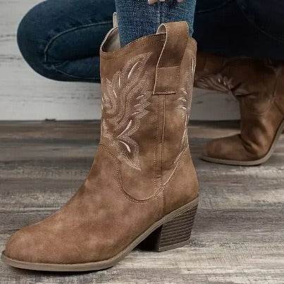 Fashion Chunky-heeled Pointed Toe Boots Winter Ethnic Style Embroidered Mid-Tube Western Shoes Women Brown