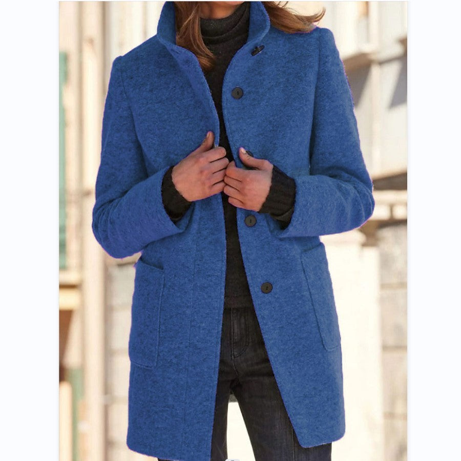 Fashion Stand Collar Woolen Coat With Pockets Fall Winter Casual Button Outwear For Women Clothing Sky Blue