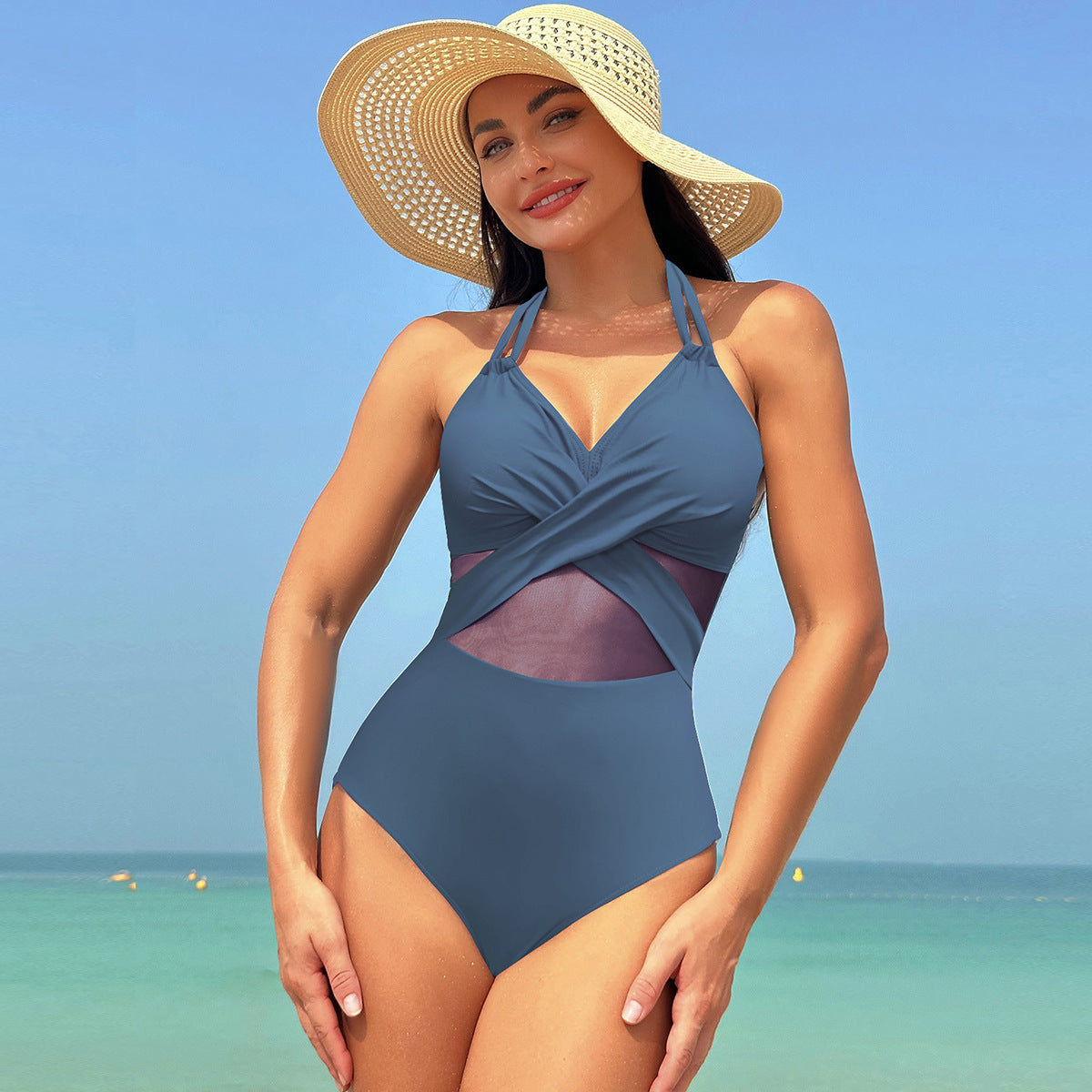 Halter-neck One-piece Swimsuit Summer Solid Color Cross-strap Design Mesh Bikini Beach Vacation Womens Clothing Grey Blue