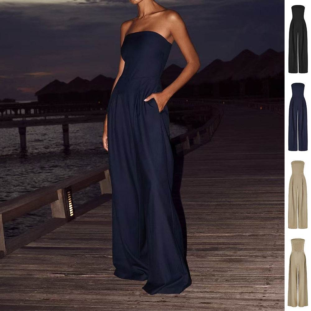 Loose Tube-top Jumpsuit Ins Fashion Backless Wide Leg Long Pants Overalls Women's Clothing Navy Blue 2XL