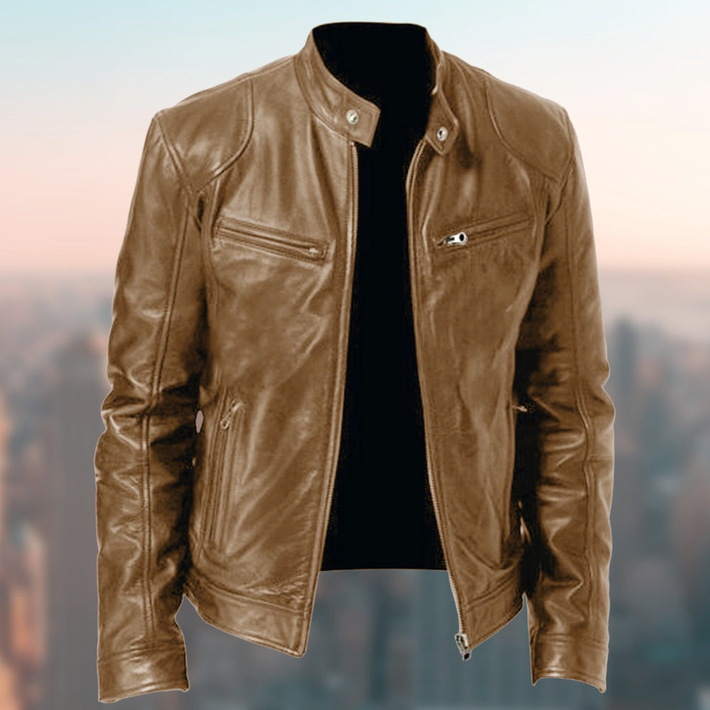 Gentleman's Warm Zipper Cardigan Pocket Decorated Pu Leather Coat Khaki
